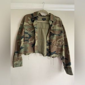 Topshop Benny Camouflage Crop Raw Hem Jacket